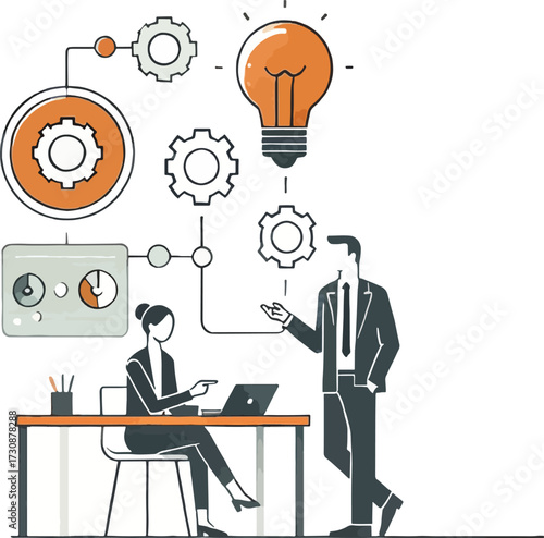 Business team collaborating on idea generation with gears and lightbulb