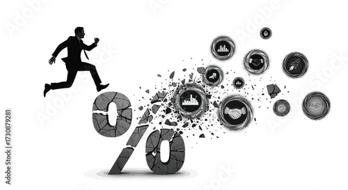 Percent broken concept Running businessman jumping percentage symbol vector illustration