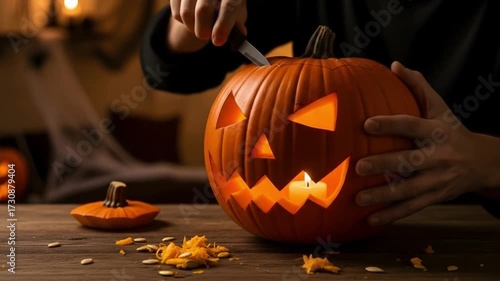 Close-up of hands carving a Halloween pumpkin, candlelight flickering inside, cozy spooky vibe	