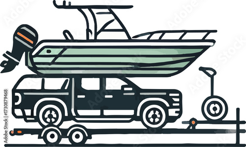 Dark blue pickup truck carrying light green boat on trailer