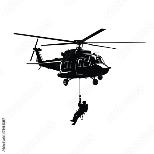 Helicopter silhouette with soldier rappelling down dynamic aerial scene