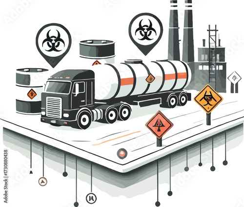 Hazardous material transport truck with biohazard signs