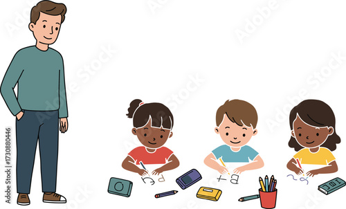 Teacher with children drawing, classroom education activity, kids learning illustration, school study scene, creative student vector artwork