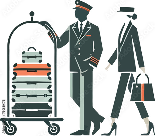 Hotel bellhop and guest with luggage cart porter