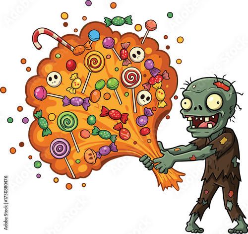 Funny cartoon halloween zombie holding colorful explosion of candies and sweets perfect for spooky trick or treat celebration illustrationFunny cartoon halloween zombie holding colorful explosion of 