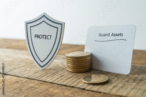 A paper shield protecting a stack of gold coins on wood