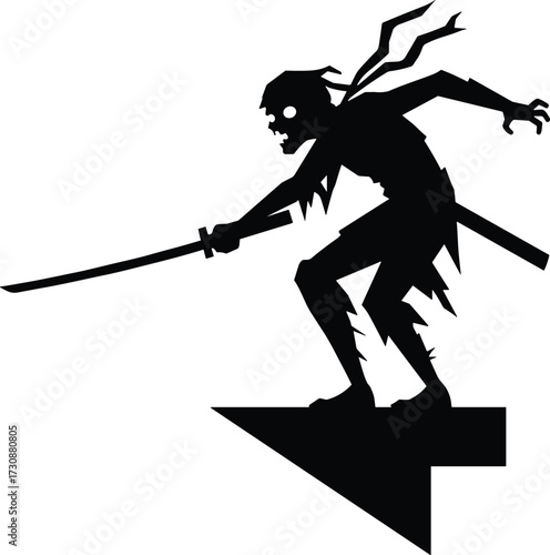 Silhouette of a zombie warrior with sword in aggressive stance on platform, horror combat character concept artSilhouette of a zombie warrior with sword in aggressive stance