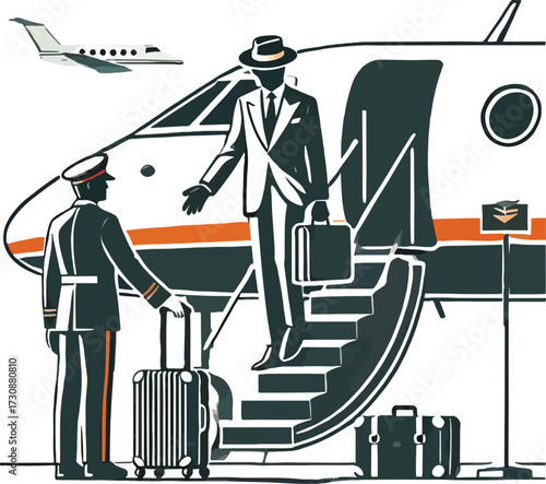 Man in suit descending private jet stairs with luggage