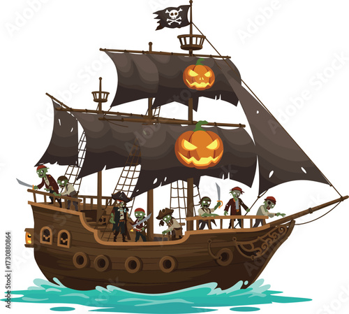 Spooky Pirate Ship with Zombie Crew and Halloween Jack-o’-Lantern Sails Sailing on Ocean Vector IllustrationSpooky Pirate Ship with Zombie Crew and Halloween Jack-o’-Lantern 