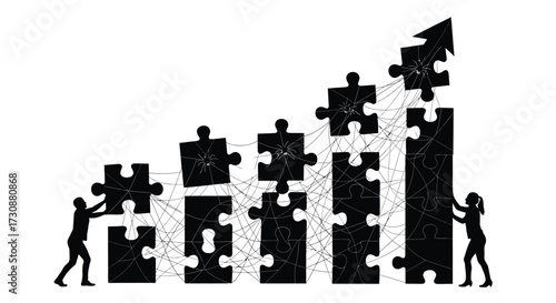 Teamwork Business Puzzle Growth Concept People Building Diagram Chart with Arrow Up