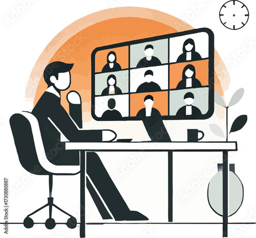 Man in suit on video call with multiple participants