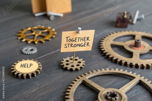 An arrangement of metal gears supporting a sign that reads Together Stronger