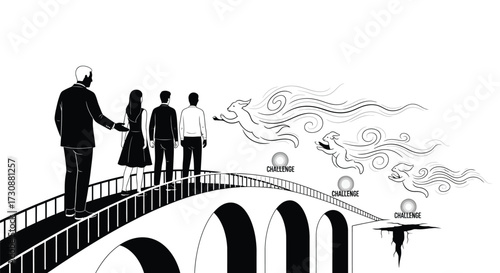 Business team overcomes challenges on bridge leadership corporate strategy solutions