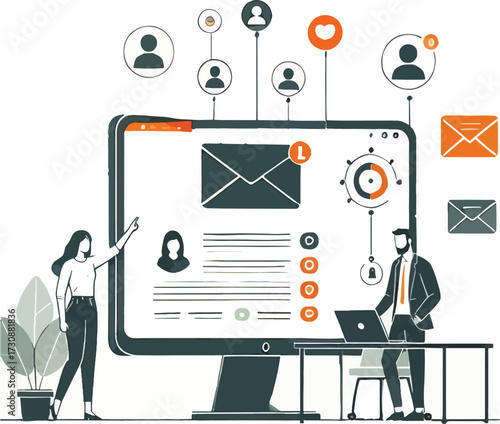People interacting with digital interface and email icons