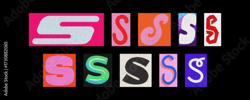 Assorted letter S typography styles, paper cutouts on black background
