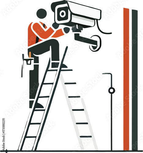 Person installing security camera on ladder installation