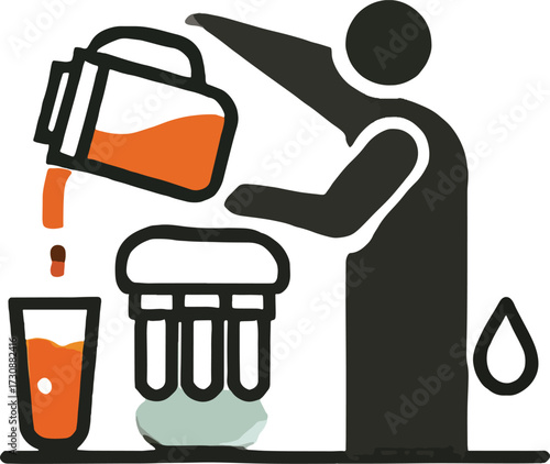 Person pouring orange liquid from jug into glass and filter