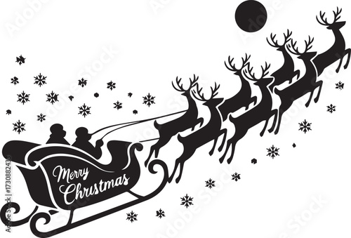 Merry christmas silhouette santa claus sleigh reindeer snowflakes festive holiday celebration