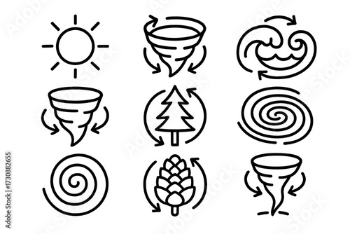 Weather symbols representing sun, tornado, waves, trees, spirals, and pine cones created in a simple line art style