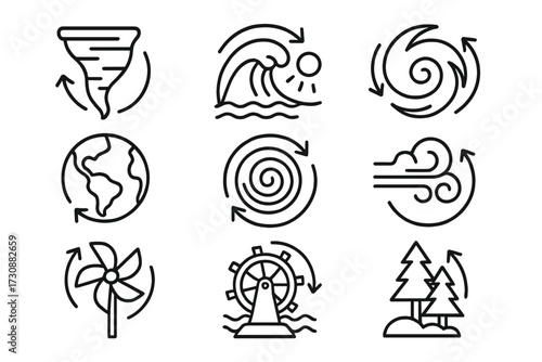 Collection of weather and nature icons illustrating various environmental phenomena and landscapes
