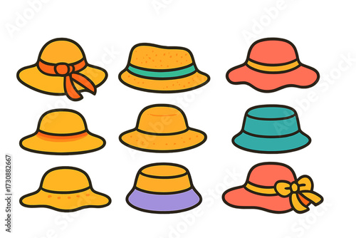 Colorful collection of summer hats displayed in a neat grid for a cheerful seasonal fashion theme