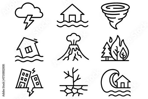 Natural disaster icons depicting flooding, volcanic eruptions, earthquakes, and wildfires in a simple graphic design
