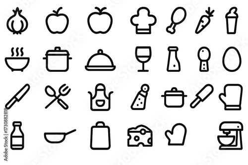 Collection of kitchen utensil and food icons in simple design suitable for cooking theme or culinary project