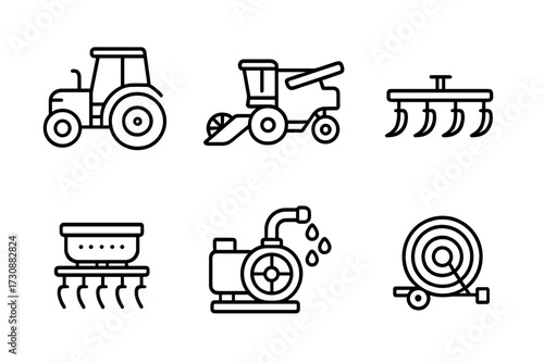 Various agricultural equipment including tractors, harvesters, and irrigation systems displayed in a simple line art style