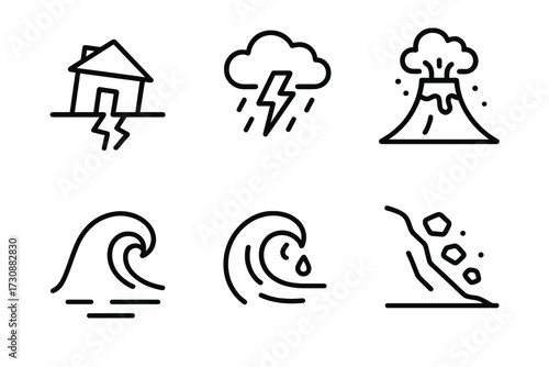 Natural disasters illustrated with simple symbols depicting a house, storm, volcano, waves, and landslide