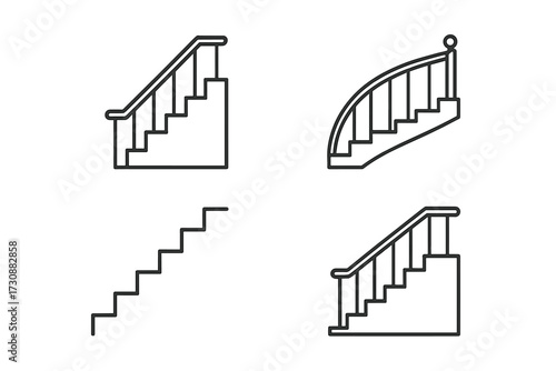 Different designs of staircases featuring straight, curved, and decorative railings in minimalist style