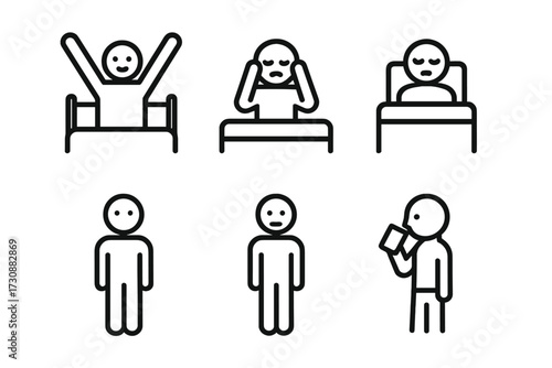 Different human emotions and activities illustrated in simple line art showing waking up, feeling stressed, sleeping, standing, and reading