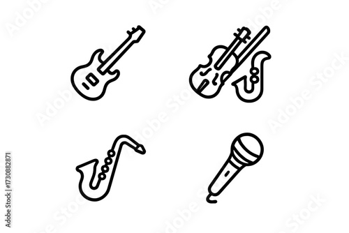 Musical instruments including a guitar, violin, saxophone, and microphone displayed in a simple design