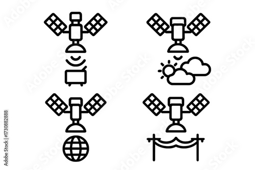 Multiple satellite icons representing communication, weather monitoring, and global connectivity