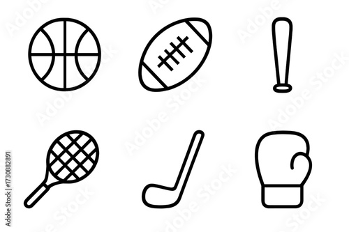 Collection of sports equipment including basketball, football, baseball bat, tennis racquet, hockey stick, and boxing glove on a simple background