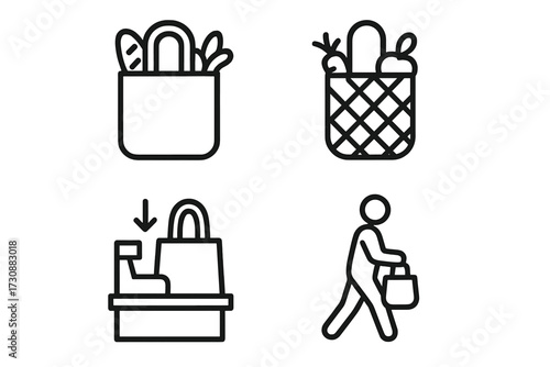 Shopping bag filled with groceries, basket with fresh produce, checkout stand, and person carrying items