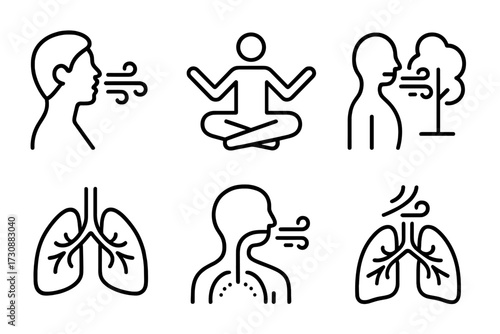 Various icons representing breathing, meditation, and lung health in a simple line art style
