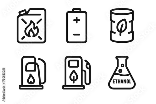 Icons representing various energy sources, including fuel, batteries, and environmentally friendly options