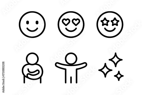 Collection of simple smiley faces showing various emotions and expressions in a minimalist design suitable for digital communication