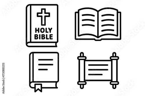 Illustrated collection of religious texts including a Bible, book, scroll, and open pages showcased in a simple design