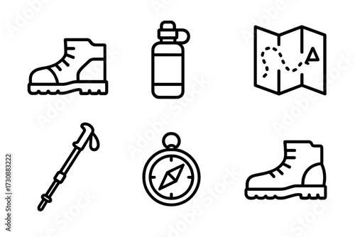 Hiking gear essentials including boots, water bottle, map, and compass for outdoor adventures