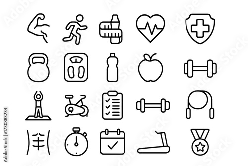 Various health and fitness icons illustrating exercise, nutrition, and wellness concepts for a balanced lifestyle