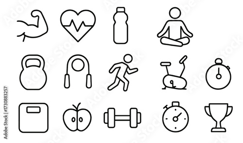 Symbols of fitness and wellness showing healthy lifestyle choices with exercise activities and nutrition