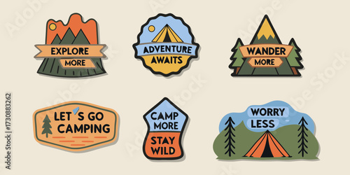 Collection of six outdoor adventure and camping themed patches with inspirational quotes