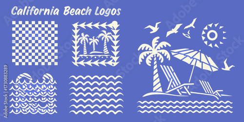 Collection of california beach and tropical island themed vector graphics and logos