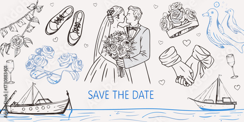 Charming hand drawn wedding elements and save the date message with boats and doves
