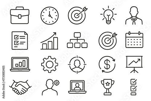 Collection of business-related icons representing various aspects of productivity and planning in a work environment