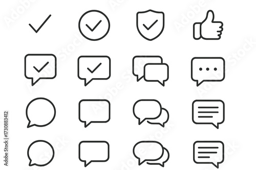 Various checkmark, speech bubble, and thumbs-up icons arranged in a grid format for digital communication