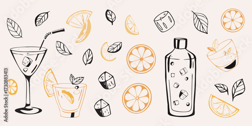 Hand drawn cocktail elements including drinks ice cubes citrus slices and leaves in a minimalist style