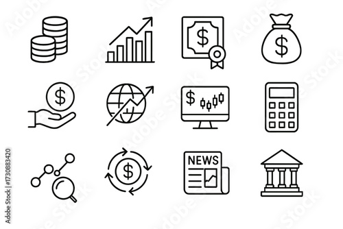 Financial symbols and icons representing economic growth and investment strategies in a simple design