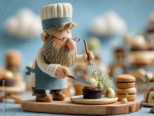 Fototapeta Naklejka Na Ścianę i Meble -  Profession chef garnishing steaming pasta plate with fresh herbs